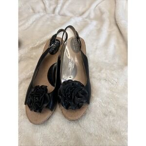 New Boc Born Concept Cork Wedge Sandals 11M Black Leather Flower Comfort Shoes